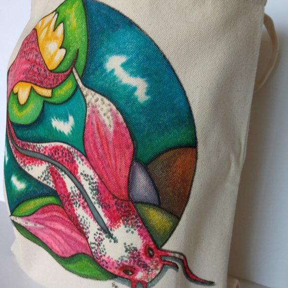 Hand Painted Tote Bag with Pink Koi Fish in Pond  13.5x13.5x3.5 NWT Handmade - Picture 4 of 16